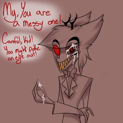 alastor(hazbin_hotel) antlers chordata_sinner clothing cum demon empty_eyesocket hazbin_hotel horn missing_eye monochrome radio_demon(hazbin_hotel) sharp_teeth simple_background skull_fucking suit teeth text_bubbles yellow_teeth