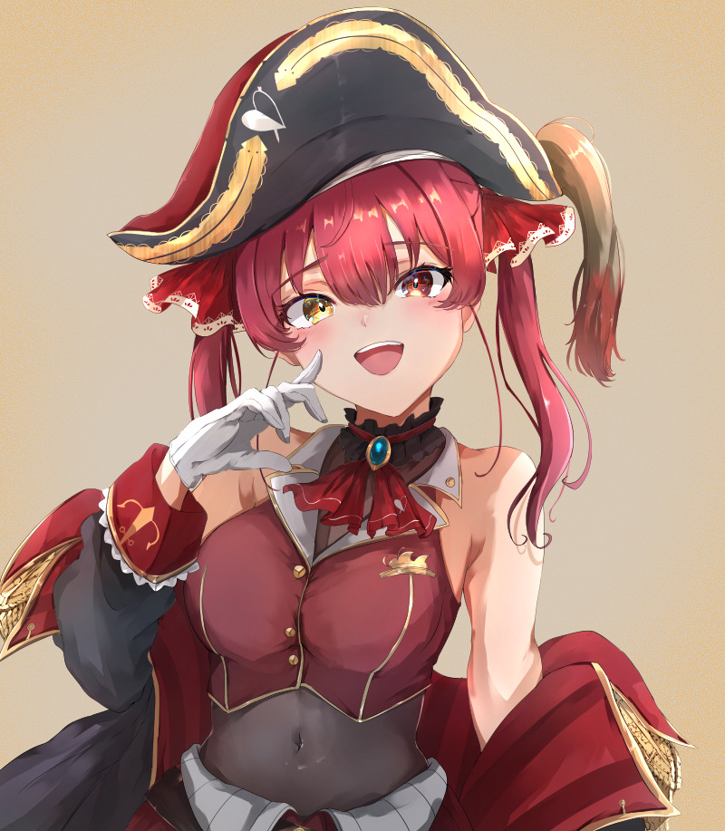 1girl arrow_through_heart ascot black_choker black_coat breasts choker coat cropped_jacket frilled_choker frills gloves hair_ribbon hat heterochromia hololive houshou_marine houshou_marine_(1st_costume) leotard leotard_under_clothes open_mouth pirate_hat red_ascot red_coat red_eyes red_ribbon ribbon sasai_tuki sleeveless sleeveless_jacket smile solo teeth twintails two-sided_coat two-sided_fabric upper_teeth_only virtual_youtuber white_gloves yellow_eyes