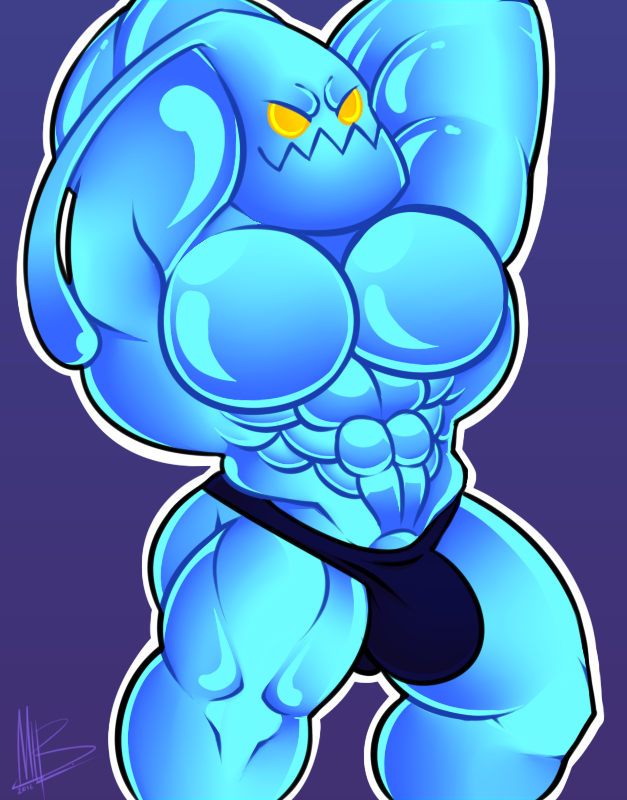 2016 abs armpits big_bulge big_head blue_body blue_clothing blue_theme bulge clothed clothing collectollider colored cute digital_drawing_(artwork) digital_media_(artwork) empty_eyes front_view goo hands_behind_head huge_bulge humanoid hyper hyper_muscles league_of_legends light looking_at_viewer male manly muscular muscular_male not_furry obliques pecs pinup portrait pose purple_background quads riot_games serratus shaded signature simple_background smile solo thong three-quarter_portrait toony topless video_games yellow_eyes zac_(lol)