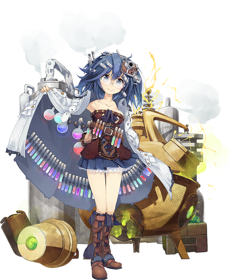 alchemy blue_eyes blue_hair blue_skirt boots electricity flask full_body glasses hair_ornament hairclip labcoat looking_at_viewer machinery makina_(sennen_sensou_aigis) nanaroku_(fortress76) official_art potion pouch sennen_sensou_aigis skirt smile smoke solo standing steam transparent_background vial