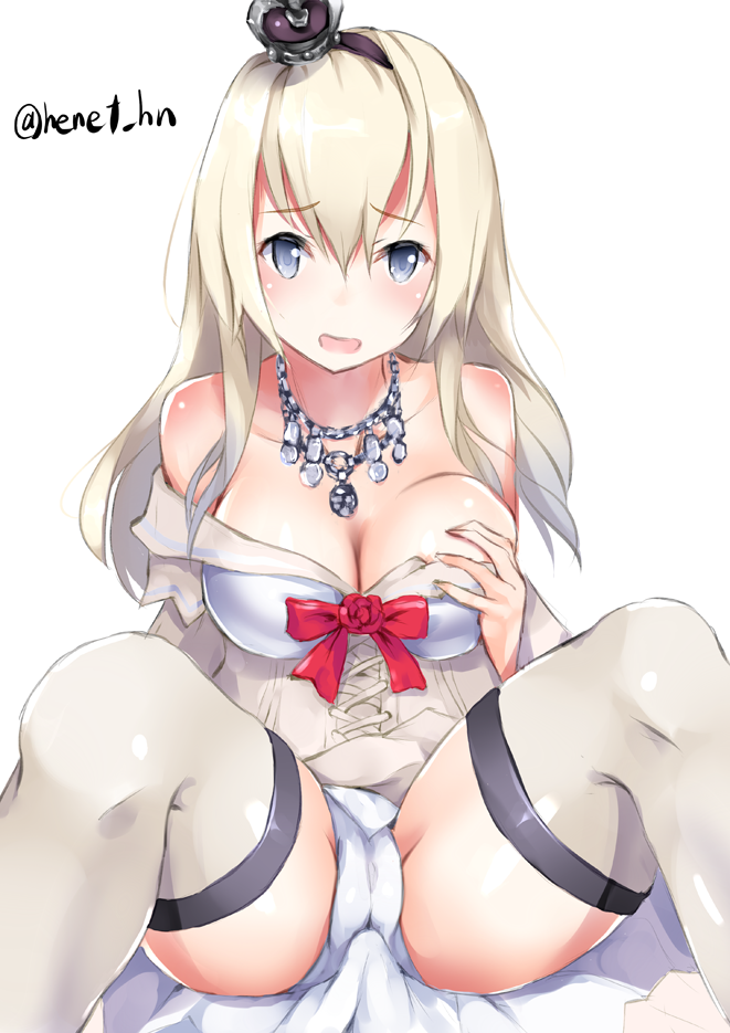bare_shoulders black_eyes blonde_hair blue_eyes body_blush breasts cameltoe cleavage collarbone crown eyebrows eyebrows_visible_through_hair grabbing hair_between_eyes henet_hene jewelry kantai_collection large_breasts long_hair looking_at_viewer mini_crown necklace open_mouth panties solo spread_legs thighhighs twitter_username underwear warspite_(kantai_collection) white_panties