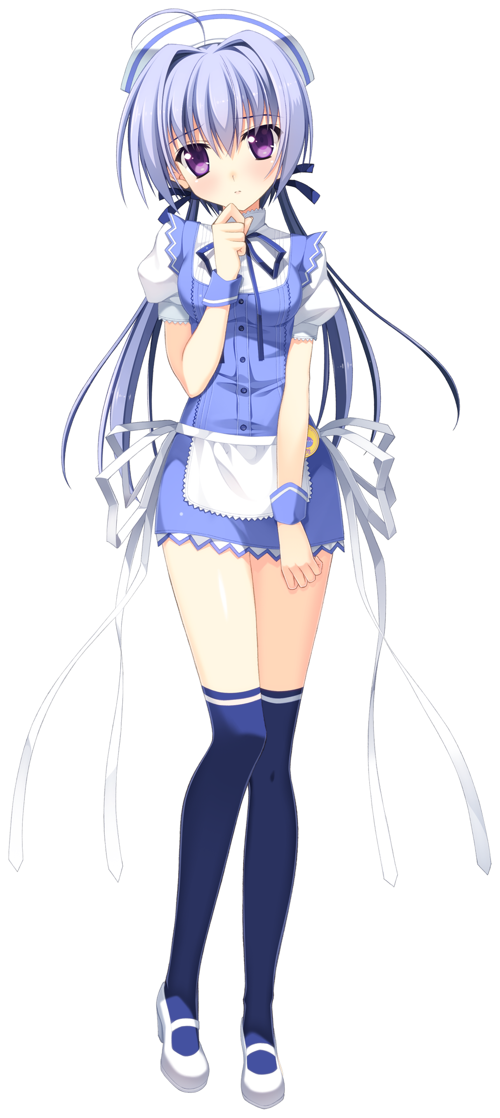 apron berry's blue_hair blue_legwear blush full_body hand_on_own_chin hat highres looking_at_viewer low_twintails maid_apron purple_eyes satou_natsuki short_hair solo standing thighhighs transparent_background twintails waitress wrist_cuffs