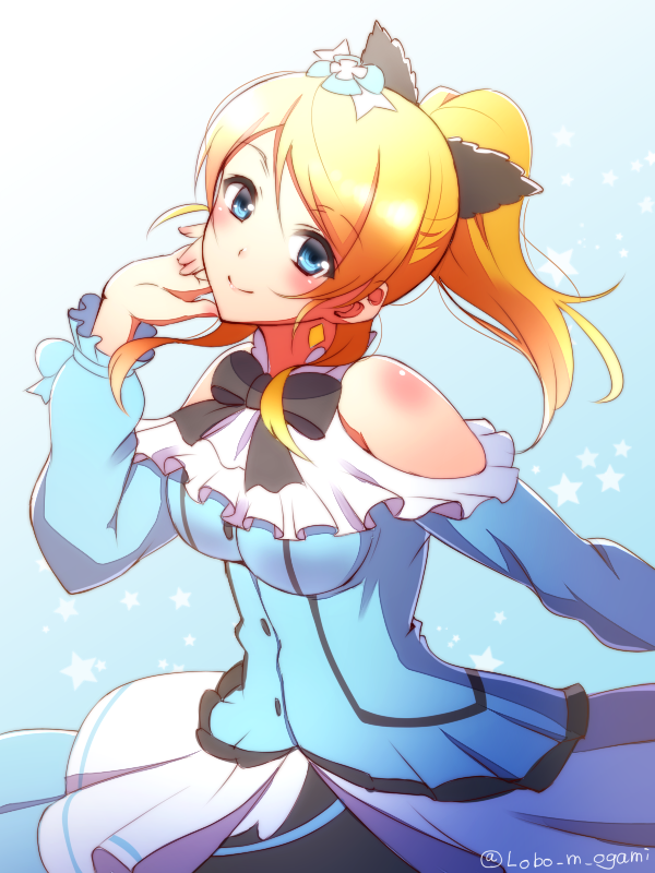 ayase_eli black_bow blonde_hair blue_eyes bow bowtie earrings eyebrows eyebrows_visible_through_hair hair_ornament jewelry kira-kira_sensation! long_hair looking_at_viewer love_live! love_live!_school_idol_project ookami_maito ponytail signature smile solo