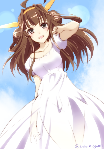 breasts brown_eyes brown_hair cleavage collarbone dress from_below hair_ornament hand_in_hair kantai_collection kongou_(kantai_collection) long_hair looking_at_viewer medium_breasts ookami_maito see-through see-through_silhouette solo sundress white_dress