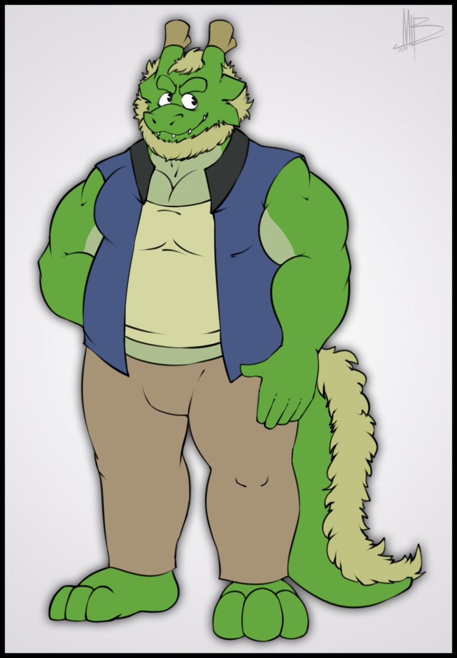 2016 3_toes biceps big_biceps border clothed clothing collectollider colored dragon green_skin male morenatsu muscular muscular_male no_iris pecs plantigrade scalie shirt simple_background solo standing tappei_(morenatsu) toes white_background