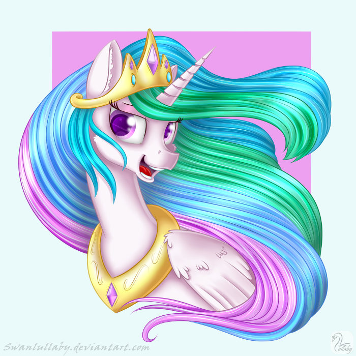 blue_hair crown english_text equine feathered_wings feathers female feral friendship_is_magic fur green_hair hair horn mammal multicolored_hair my_little_pony open_mouth pink_eyes princess_celestia_(mlp) purple_hair purple_pupils solo swanlullaby teeth text tongue url winged_unicorn wings
