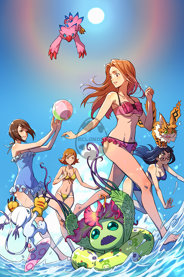 :o animal animal_on_head arms_up artist_name ball bare_shoulders barefoot beachball bikini blue_eyes blue_hair blue_sky breasts brown_eyes brown_hair cloud collarbone day digimon digimon_adventure digimon_adventure_tri. eclosion falling frilled_swimsuit frills glasses gloves green_eyes groin innertube leaf long_hair looking_back meicoomon mochizuki_meiko multiple_girls navel on_head one-piece_swimsuit open_mouth outdoors palmon pink_bikini piyomon short_hair sky small_breasts smile sun surfboard swimsuit tachikawa_mimi tail tailmon takenouchi_sora underboob water watermark yagami_hikari yellow_bikini