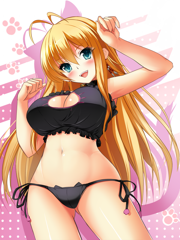 antenna_hair blonde_hair blue_eyes bra breasts bug_(artist) cat_cutout_panties cat_lingerie cleavage huge_breasts long_hair meme_attire navel panties pants side-tie_panties solo string_panties thighs tsurumaki_maki underwear voiceroid