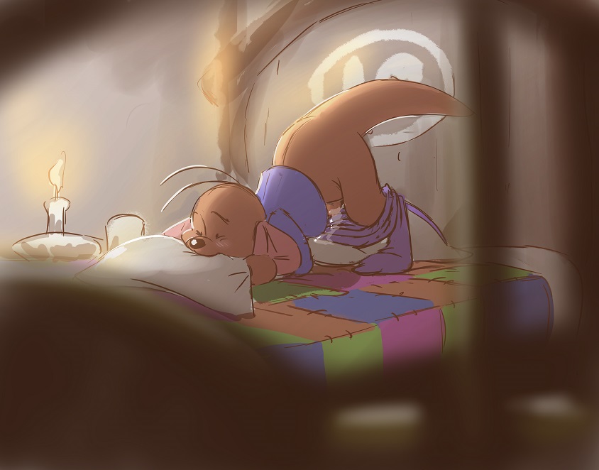 anthro ass_up bed blush clothed clothing cub disney inside kangaroo looking_pleasured male mammal marsupial on_bed pajamas pants_down partially_clothed penis precum roo_(winnie_the_pooh) scrunchy_face solo winnie_the_pooh_(franchise) yamamoto young