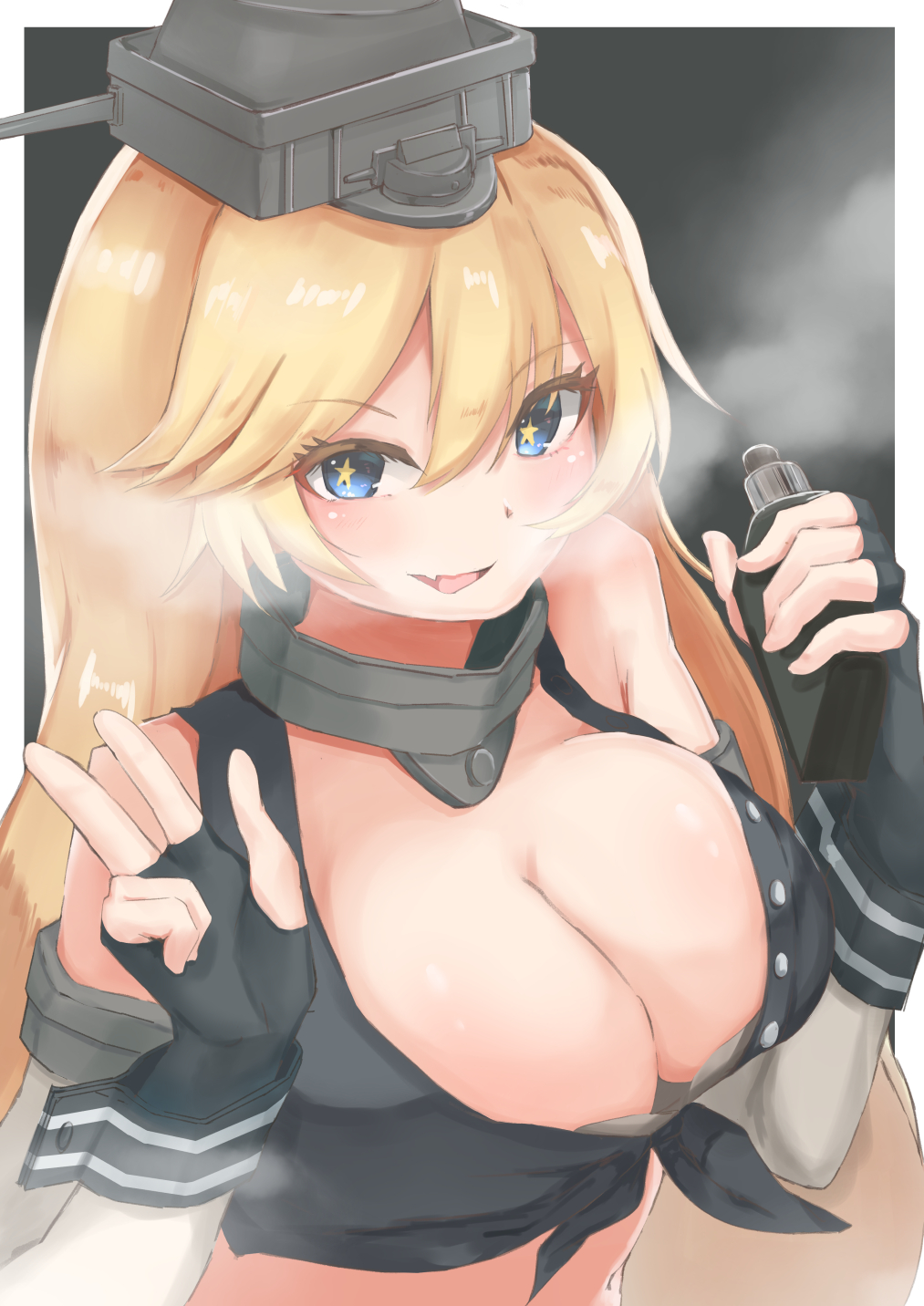 1girl blonde_hair blue_eyes breasts cleavage commentary_request elbow_gloves fingerless_gloves front-tie_top gloves hair_between_eyes headgear highres iowa_(kantai_collection) kantai_collection large_breasts looking_at_viewer open_mouth sashimi0gou smile smoke solo star star-shaped_pupils symbol-shaped_pupils upper_body v vaping