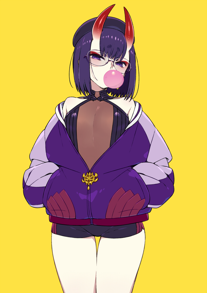 1girl bangs bare_shoulders bike_shorts blush breasts bubble_blowing chan_co chewing_gum earrings eyebrows_visible_through_hair fate/grand_order fate_(series) hands_in_pockets horns jacket jewelry long_sleeves looking_at_viewer off_shoulder oni oni_horns open_clothes open_jacket purple_eyes purple_hair purple_jacket rimless_eyewear short_eyebrows short_hair shuten_douji_(fate/grand_order) simple_background small_breasts solo standing thick_eyebrows yellow_background