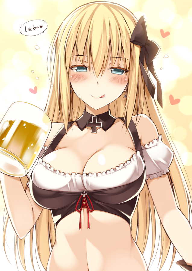 alcohol alternate_costume anchor anchor_earrings bangs beer beer_mug bismarck_(kantai_collection) black_bow blonde_hair blue_eyes blush bow breasts cleavage cross cup detached_sleeves dirndl drunk earrings german german_clothes hair_bow half-closed_eyes heart holding holding_cup jewelry kantai_collection licking_lips long_hair looking_at_viewer medium_breasts navel oota_yuuichi red_ribbon ribbon smile solo tongue tongue_out upper_body