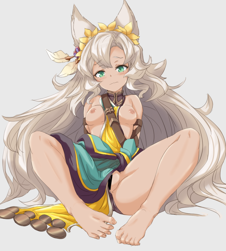 animal_ears bar_censor barefoot blush breasts censored closed_mouth erune eyebrows_visible_through_hair feet full_body granblue_fantasy green_eyes grey_background grey_hair long_hair looking_at_viewer nemone nipples partially_visible_vulva pussy simple_background small_breasts solo toes very_long_hair wavy_mouth yu-ves