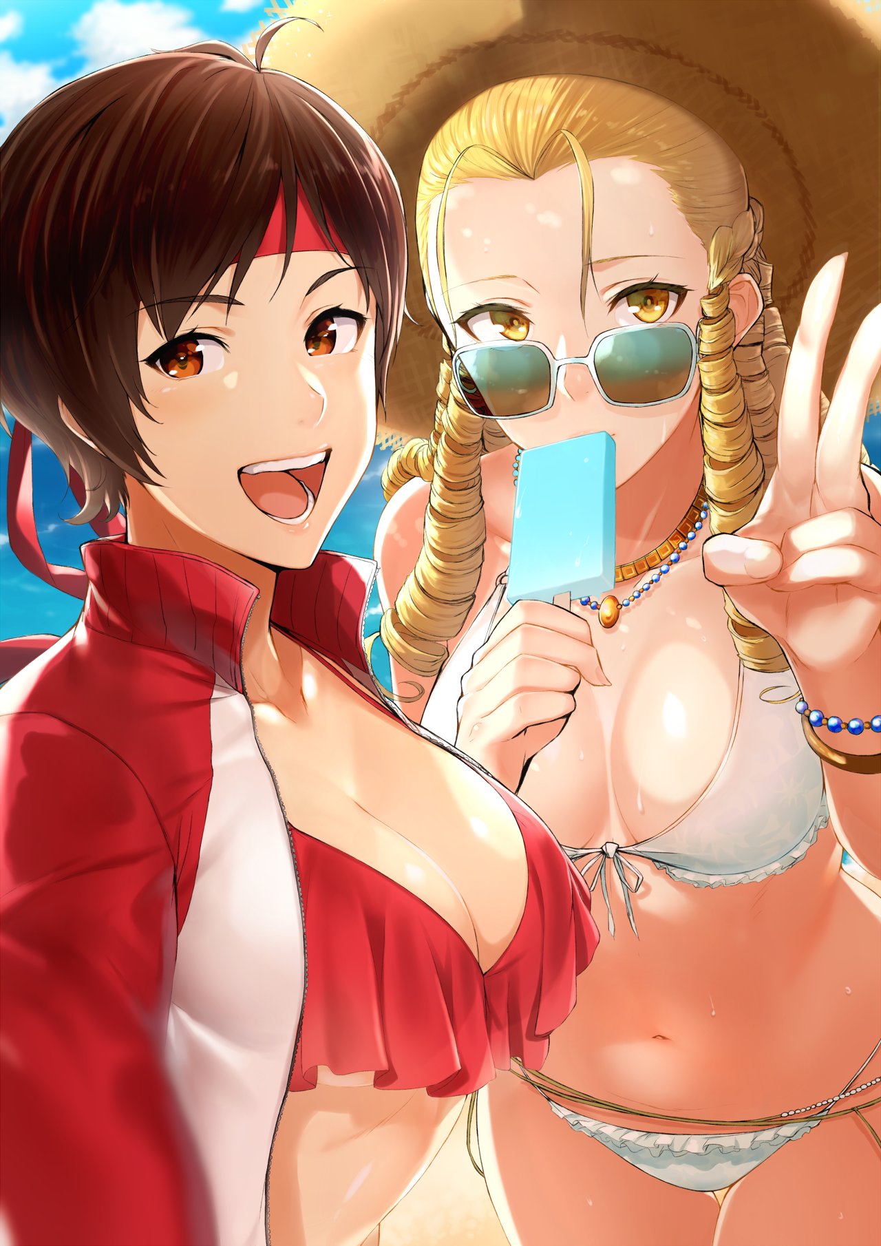 2girls alternate_costume antenna_hair bare_shoulders beach bikini blonde_hair blue_sky bracelet breasts brown_eyes brown_hair capcom cleavage close-up cloud day drill_hair eating food forehead frilled_bikini frilled_bikini_top frills front-tie_bikini front-tie_top hat headband highres holding ice_cream jacket jewelry kanzuki_karin kasugano_sakura long_hair long_sleeves looking_at_viewer medium_breasts multiple_girls navel necklace ocean open_clothes open_jacket open_mouth open_track_jacket outdoors outstretched_arm popsicle purinnssu red_bikini sand self_shot sky smile standing straw_hat street_fighter street_fighter_v sun_hat sunglasses swimsuit water wet white_bikini yellow_eyes