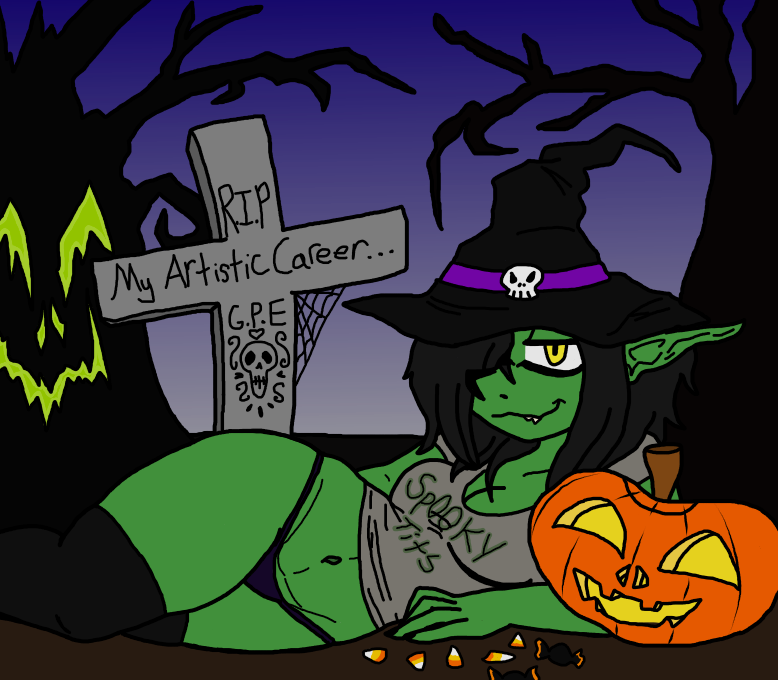 belly black_hair breasts candy candy_corn clothed clothing cobwebs colored crop_top cute detailed_background digital_media_(artwork) exotic fairy fantasy female festive food fruit ginae goblin goblin_girl grave green_skin hair halloween hat headstone holidays humanoid invalid_background invalid_tag jack_o'_lantern lame_joke legwear looking_at_viewer lying mammal navel night not_furry october outside panties pointy_ears pumpkin shirt skull slightly_chubby smile solo spider_web spooky squishy stockings thick_thighs thigh_highs thong tree underwear wide_hips witch_hat yellow_eyes