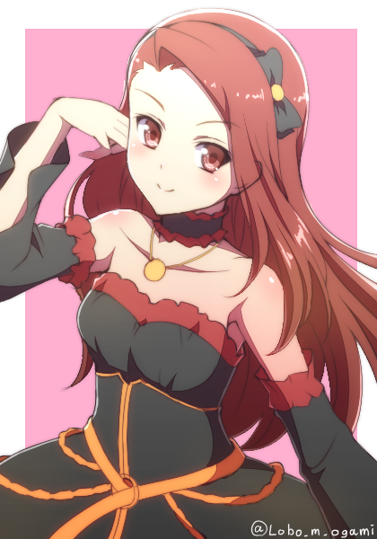 black_dress black_hairband brown_eyes brown_hair collarbone detached_sleeves dress hairband hand_in_hair idolmaster idolmaster_(classic) jewelry long_hair minase_iori neck_garter necklace ookami_maito smile solo strapless strapless_dress
