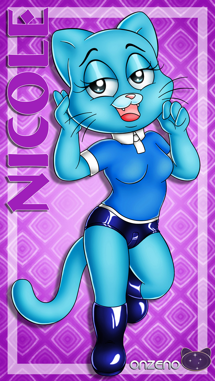 anthro blue_eyes blue_fur boots breasts cartoon_network cat clothed clothing fangs feline female footwear fur mammal mature_female mother nicole_watterson onzeno open_mouth parent rubber solo the_amazing_world_of_gumball tongue whiskers