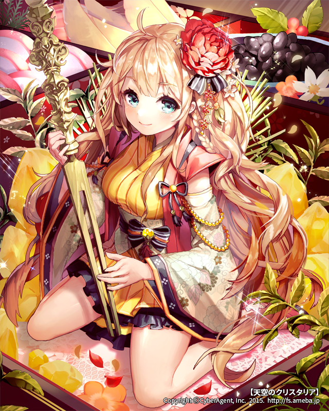 2015 :&gt; ahoge blonde_hair blue_eyes blush braid breasts closed_mouth company_name copyright_name detached_sleeves dress english eyebrows eyebrows_visible_through_hair flower food fork from_above full_body gio_(maroon0924) hair_flower hair_ornament holding holding_fork japanese_clothes long_hair medium_breasts number obentou obi sash sitting smile solo sparkle tenkuu_no_crystalia very_long_hair watermark web_address yellow_dress