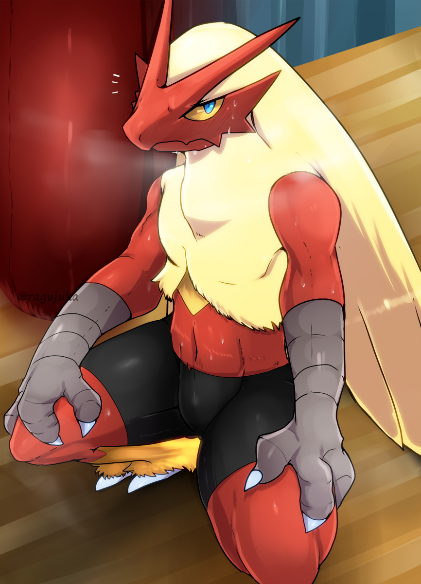 anthro avian blaziken blush clothed clothing crouching gym looking_at_viewer male nintendo pok&eacute;mon ragujuka red_body shorts solo sweat topless video_games