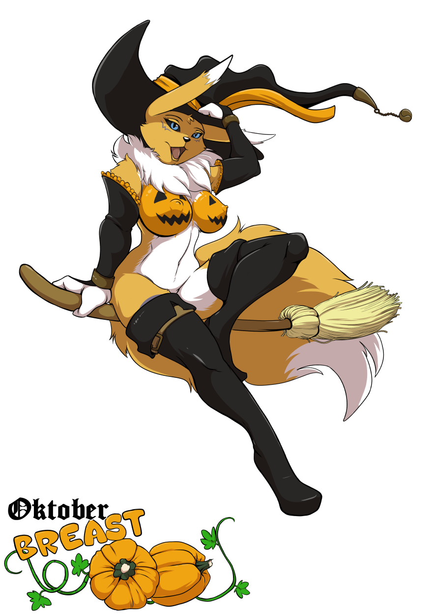 2016 anthro big_breasts boots breasts broom canine clothing digimon female footwear fox fur gloves halloween holidays looking_at_viewer magic_user mammal nipples nude october open_mouth renamon simple_background smile solo witch yawg