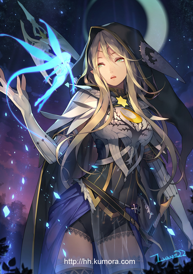artist_name ass blonde_hair contrapposto covered_navel eclipse elbow_gloves elf fairy fingerless_gloves gloves green_eyes hood lace-trimmed_leotard leotard long_hair looking_at_another luoxuan_jingjie_xian lvans night night_sky open_mouth original pointy_ears shiroboshi_(luoxuan_jingjie_xian) sky solo standing thighhighs watermark web_address