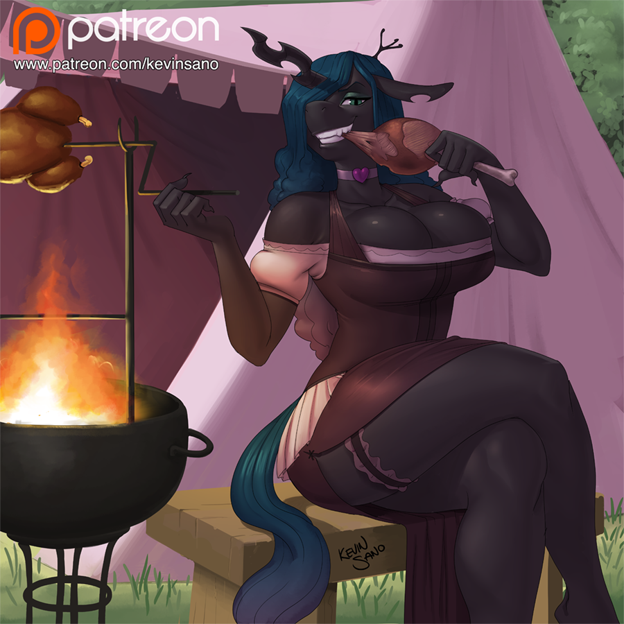 2016 anthro anthrofied breasts changeling cleavage clothed clothing female fire food friendship_is_magic holding_food holding_object horn kevinsano looking_at_viewer my_little_pony outside patreon queen_chrysalis_(mlp) sitting solo