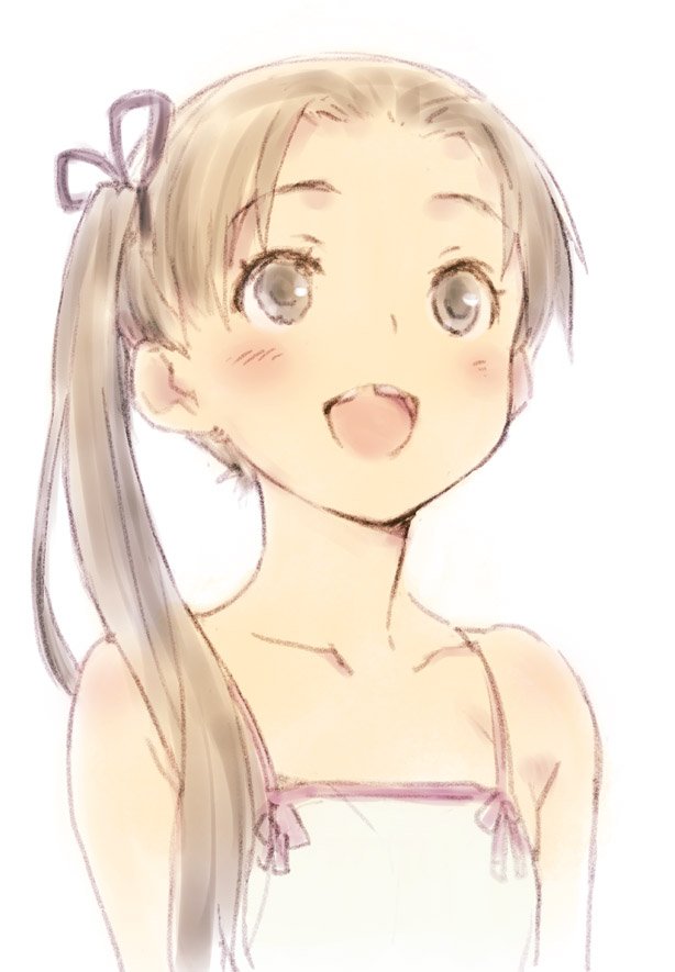 ayanami_(kantai_collection) bare_shoulders blush brown_eyes brown_hair collarbone commentary_request hair_ribbon kantai_collection kawata_hisashi long_hair open_mouth ribbon side_ponytail smile solo tooth_gap