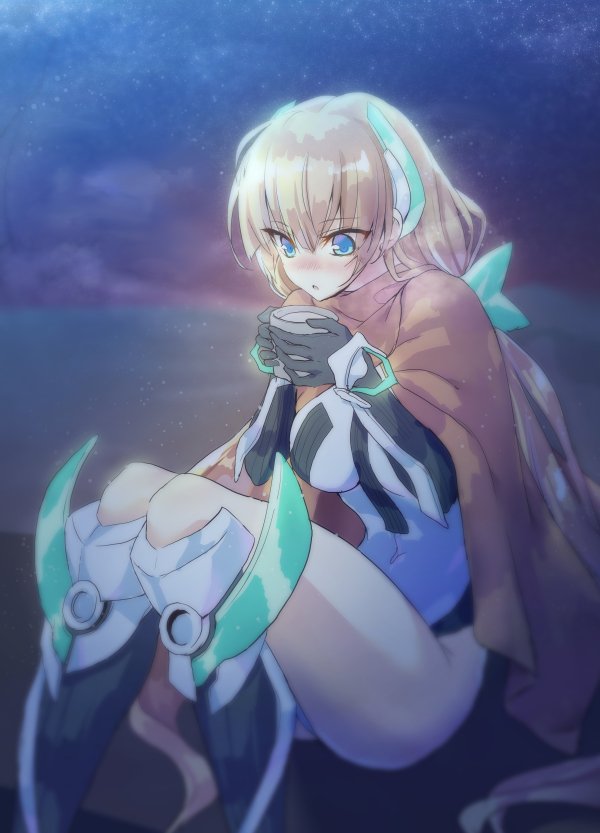 :o angela_balzac black_gloves blonde_hair blue_eyes blush breasts cloak commentary_request covered_navel deva_battle_suit drink elbow_gloves gloves greaves headgear knees_together_feet_apart koikawa_minoru large_breasts leotard long_hair looking_at_another night night_sky nose_blush outdoors rakuen_tsuihou sitting sky solo thighhighs
