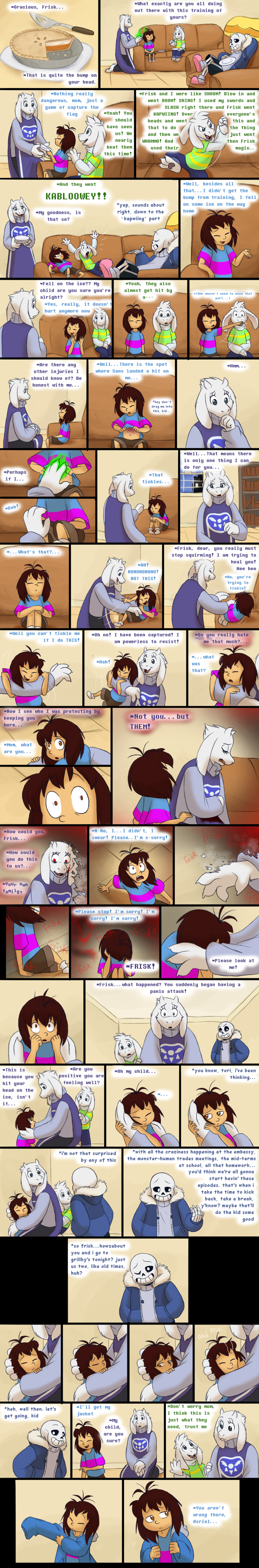 animated_skeleton asriel_dreemurr bone boss_monster caprine comic english_text food fur goat human long_ears mammal pie protagonist_(undertale) sans_(undertale) skeleton sofa stripes tc-96 text toriel undead undertale video_games white_fur