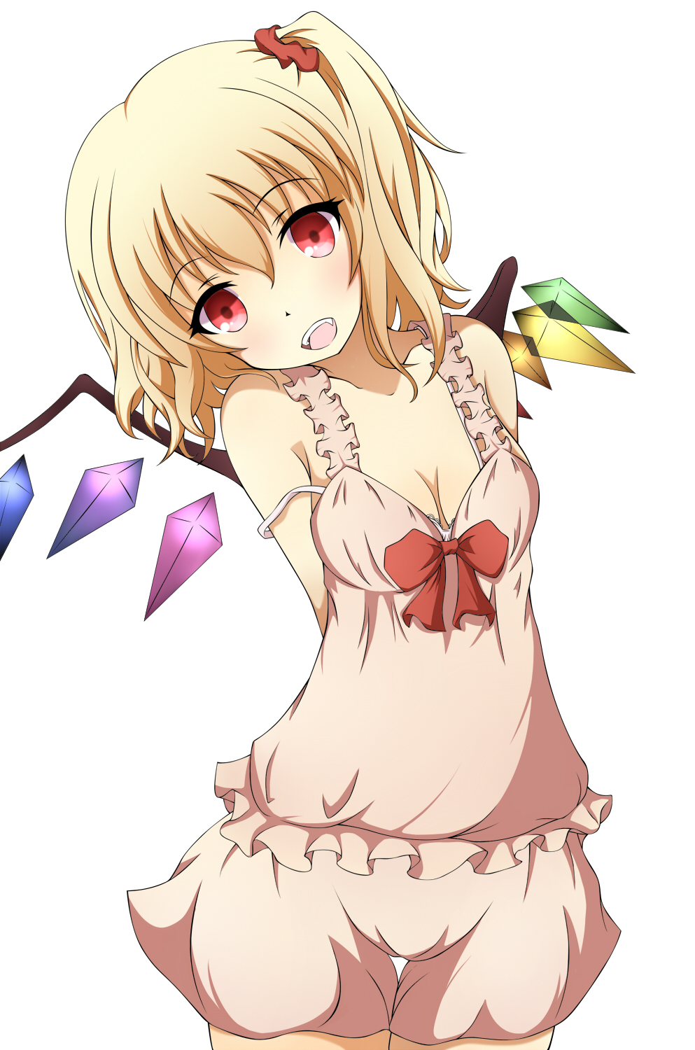 :d bare_shoulders blonde_hair bloomers blush bra breasts camisole cleavage collarbone cowboy_shot enushi_(toho193) eyebrows eyebrows_visible_through_hair fangs flandre_scarlet head_tilt highres looking_at_viewer neats one_side_up open_mouth red_eyes simple_background small_breasts smile solo strap_slip touhou underwear underwear_only white_background white_bloomers white_bra wings