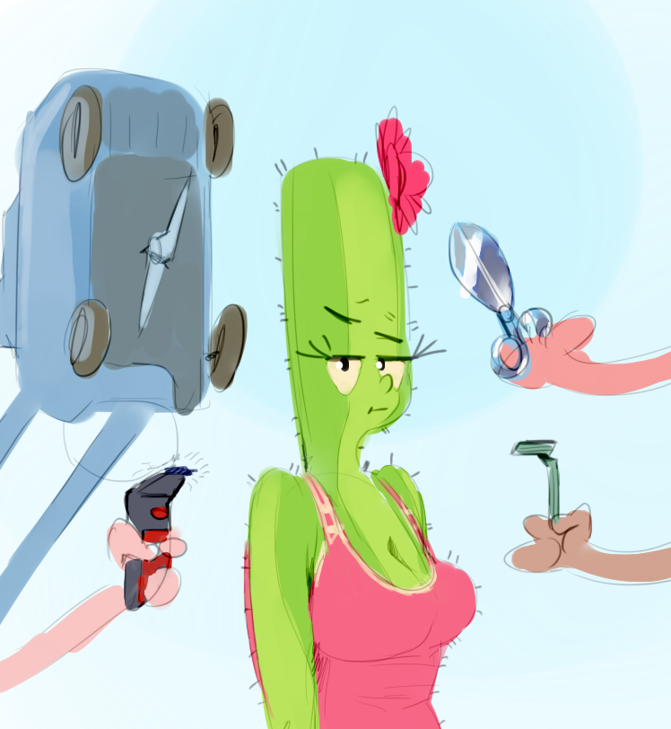 breasts cactus clothing dasha dasha_the_cactus female flora_fauna flower half-closed_eyes humanoid lawnmower looking_at_viewer musikalgenius not_furry plant razor sad scissors shaver standing sweater