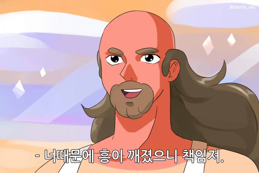 bald beard facial_hair greg_universe korean long_hair male_focus olympus_guardian open_mouth parody solo steven_universe