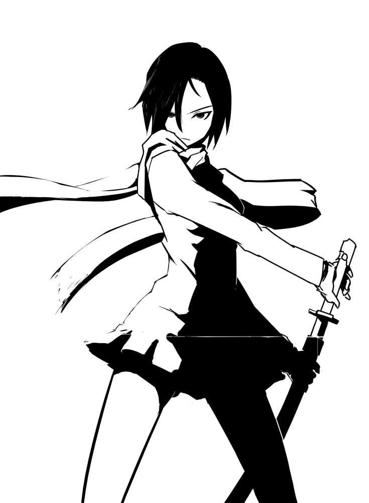blending dogs:_bullets_&amp;_carnage drawing_sword fuyumine_naoto glint greyscale hair_between_eyes high_contrast katana looking_at_viewer monochrome sate scarf sheath short_hair simple_background skirt solo sword unsheathing weapon white_background