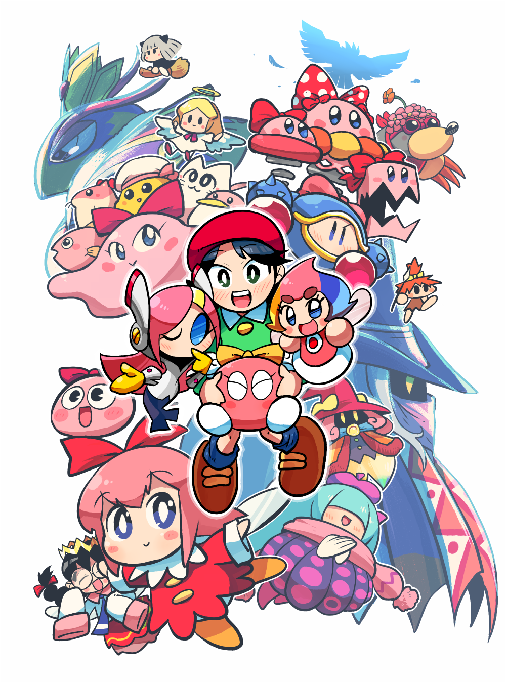 :&gt; :3 adeleine angel_(kirby) animal_ears armor beret bird black_dress black_hair blonde_hair blue_bow blue_eyes blue_hair blue_legwear blue_neckwear blush blush_stickers bouncy_(kirby) bouncy_sis_(kirby) bow bowtie boxy_(kirby) braid broom broom_riding brown_footwear buttons chuchu_(kirby) claycia closed_eyes commentary_request crown drawcia dress dyna_blade elline_(kirby) fairy_wings feathers female_gooey_(kirby) fish flower flower_on_head glasses goggles green_dress green_eyes grey_hair hair_bow hair_flower hair_ornament hair_over_eyes hair_ribbon halo hat hat_bow highres iron_mam keke_(kirby) kirby's_dream_land_2 kirby's_dream_land_3 kirby:_canvas_curse kirby:_planet_robobot kirby:_triple_deluxe kirby_(series) kirby_64 kirby_and_the_rainbow_curse kirby_squeak_squad lalala_(kirby) long_sleeves looking_at_viewer mine_(kirby) mrs._moley multicolored_hair multiple_girls nyupun_(kirby) one_eye_closed open_mouth orange_hair pac-man_eyes paintra pick_(kirby) pink_bow pink_hair pink_scarf pitch_mama polearm polka_dot polka_dot_bow purple_hat queen_sectonia rariatto_(ganguri) red_bow red_dress red_hat red_ribbon ribbon ribbon_(kirby) ripple_star_queen round_eyewear scarf shiro_(kirby) shoes silver_hair simple_background sleeves_past_wrists smile spear susie_(kirby) tress_ribbon twin_braids weapon white_background white_dress white_wings wings witch_hat yariko_(kirby) yellow_bow yellow_eyes yellow_footwear