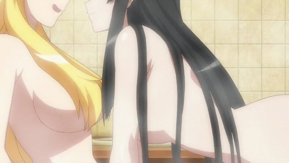 2girls animated animated_gif ass ben-tou black_hair blonde_hair breasts censored convenient_censoring multiple_girls nude shaga_ayame shiraume_ume yuri