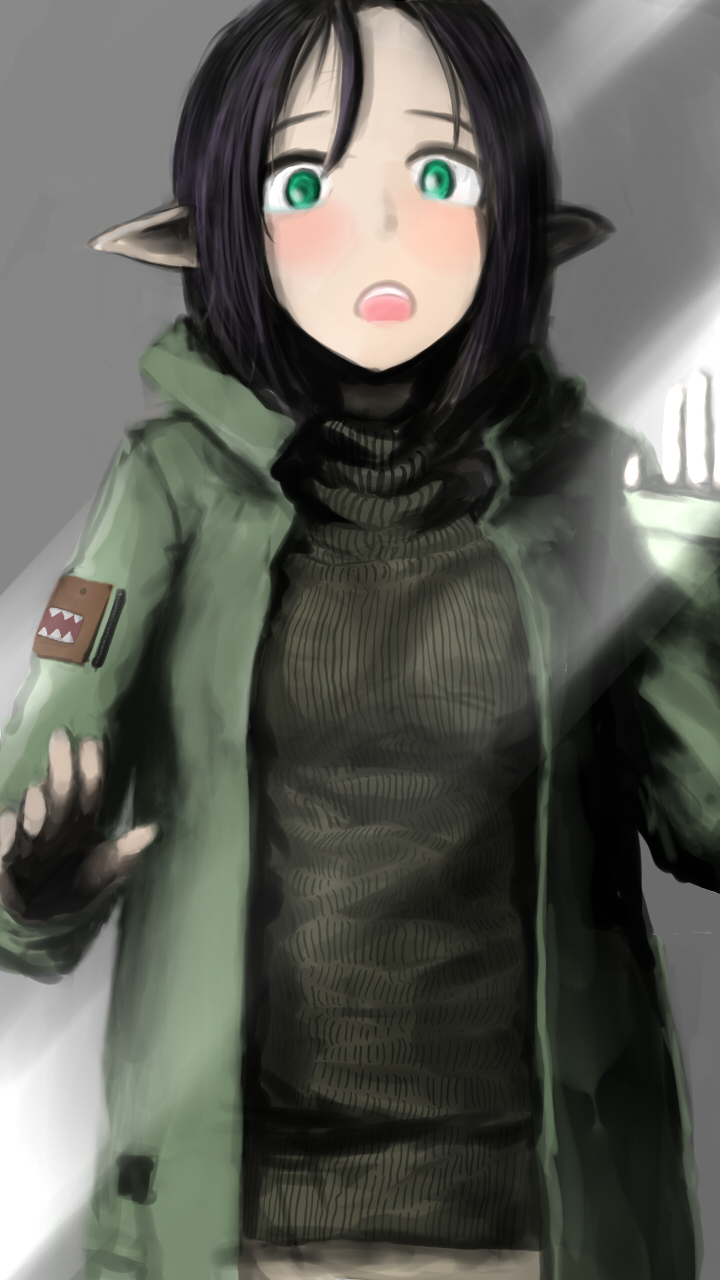 against_glass black_hair black_sweater blush commentary_request domo-kun elf green_eyes grey_background highres looking_at_viewer military_jacket open_mouth original partial_commentary pointy_ears ribbed_sweater sate shoulder_patches sleeves_past_wrists solo sweater