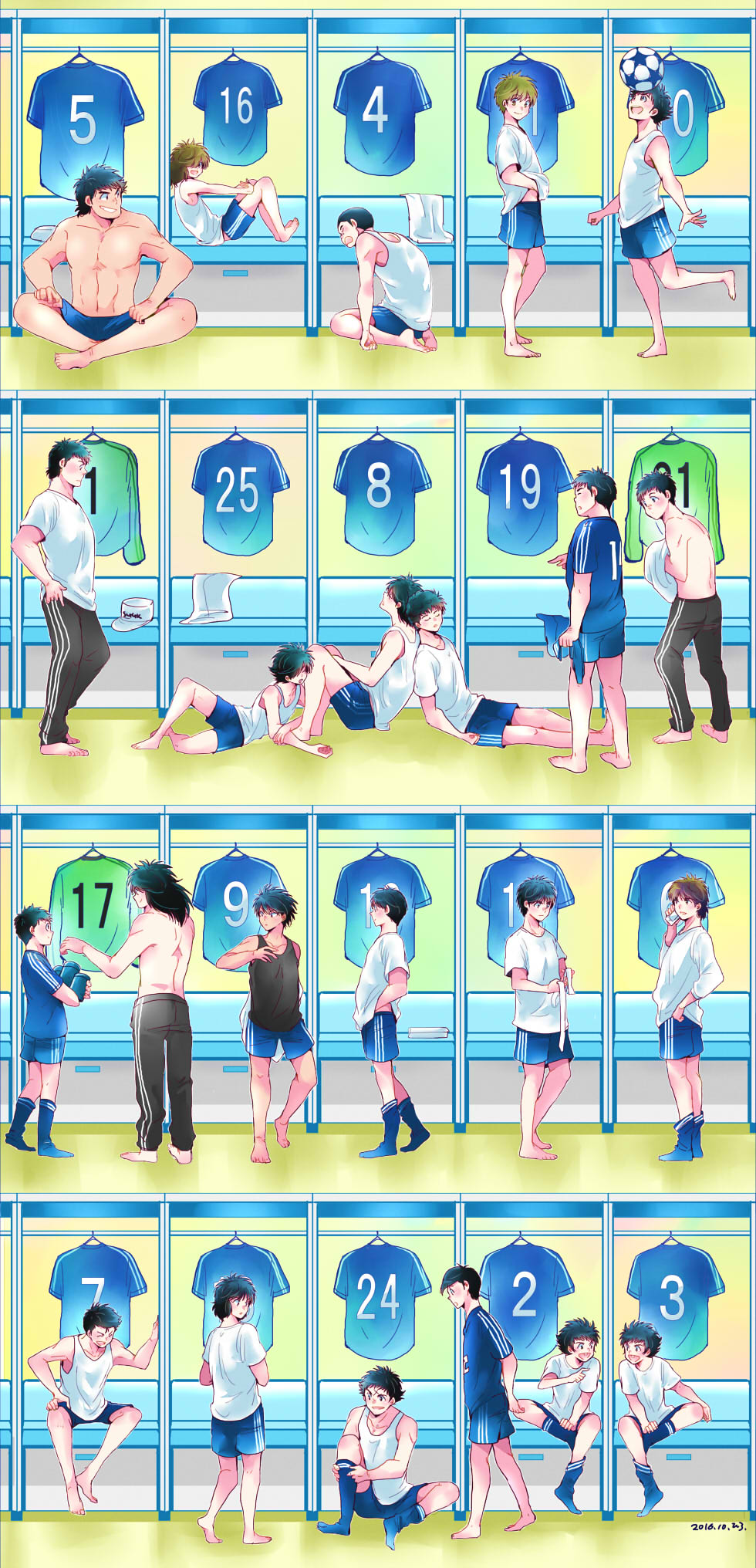 abs bad_id bad_pixiv_id ball barefoot buzz_cut captain_tsubasa highres hiro_(minorstar) hyuuga_kojirou ishizaki_ryou izawa_mamoru jitou_hiroshi kishida_takeshi kisugi_teppei long_hair matsuyama_hikaru misaki_tarou misugi_jun morisaki_yuuzou multiple_boys muscle nitta_shun oozora_tsubasa pants sano_mitsuru sawada_takeshi short_hair shorts sleeping soccer soccer_ball soccer_uniform socks sorimachi_kazuki souda_makoto sportswear tachibana_kazuo tachibana_masao takasugi_shingou taki_hajime topless track_pants urabe_hanji wakabayashi_genzou wakashimazu_ken