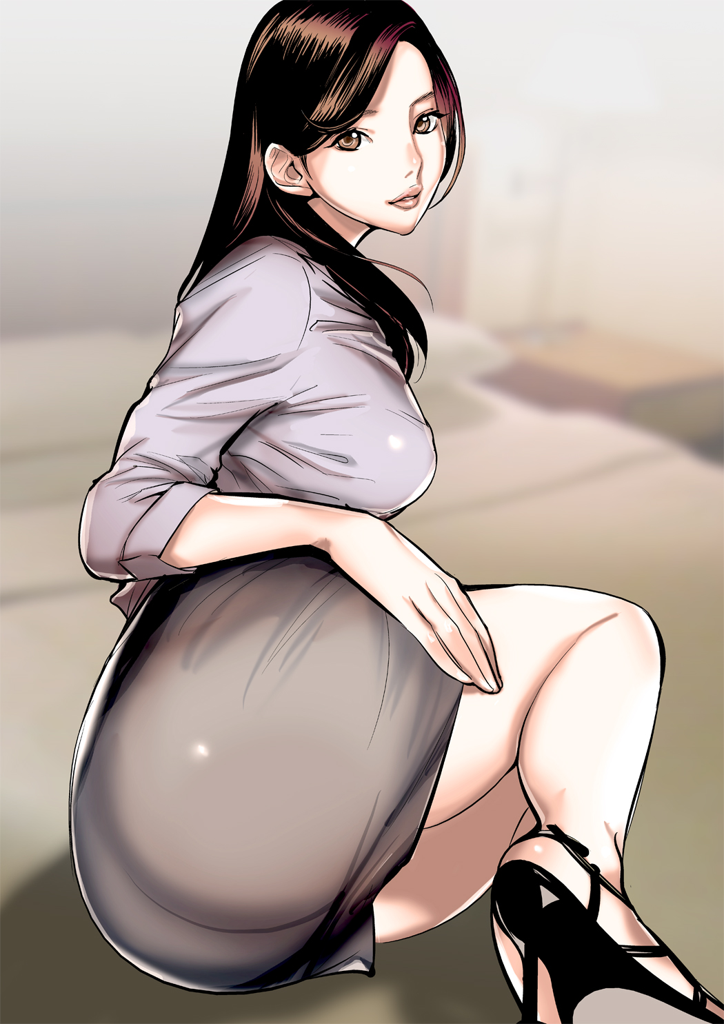 1girl ass breasts brown_eyes brown_hair dtym female gradient_hair high_heels highres huge_ass large_breasts legs lips long_hair looking_back miniskirt no_panties office_lady on_ground original profile see-through shirt shoes skirt solo thick_lips