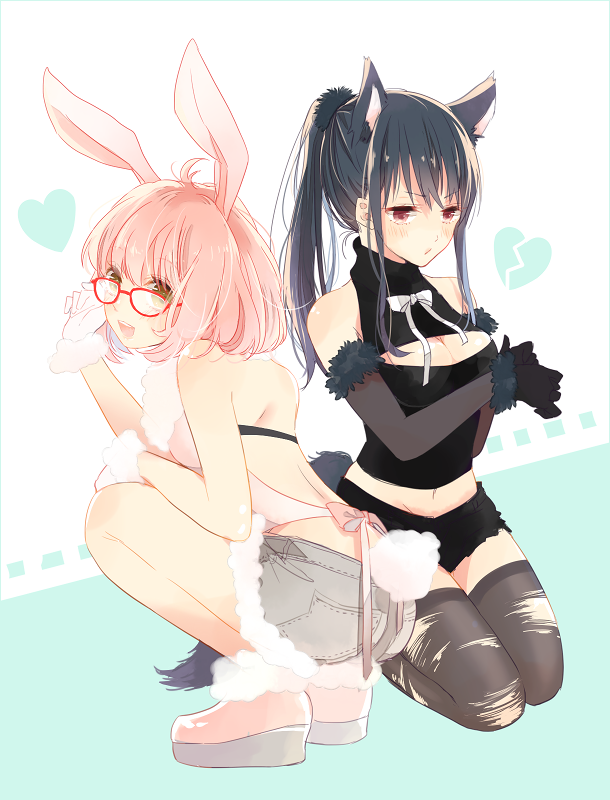 animal_ears black_hair bow bowtie brown_eyes bunny_ears bunny_tail cat_ears cleavage_cutout glasses gloves heart kuriyama_mirai kyoukai_no_kanata long_hair multiple_girls nase_mitsuki nmunco pink_hair red_eyes short_hair shorts tail thighhighs torn_clothes torn_legwear