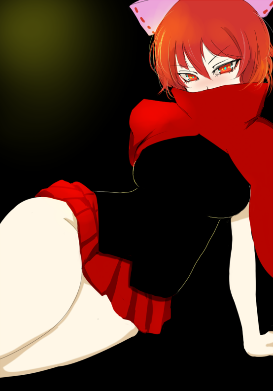 black_shirt blush breasts cape commentary_request cover cover_page ginji_(sakaki_summer) large_breasts microskirt no_panties pleated_skirt red_cape red_eyes red_hair red_skirt sekibanki shirt sitting skirt solo thighs touhou yokozuwari