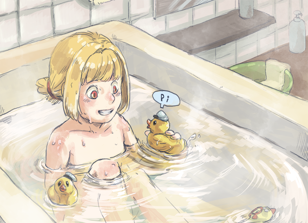 1girl artist_request bath bathing bathtub blonde_hair child collarbone commentary_request drag-on_dragoon drag-on_dragoon_1 manah nude red_eyes rubber_duck short_hair solo water
