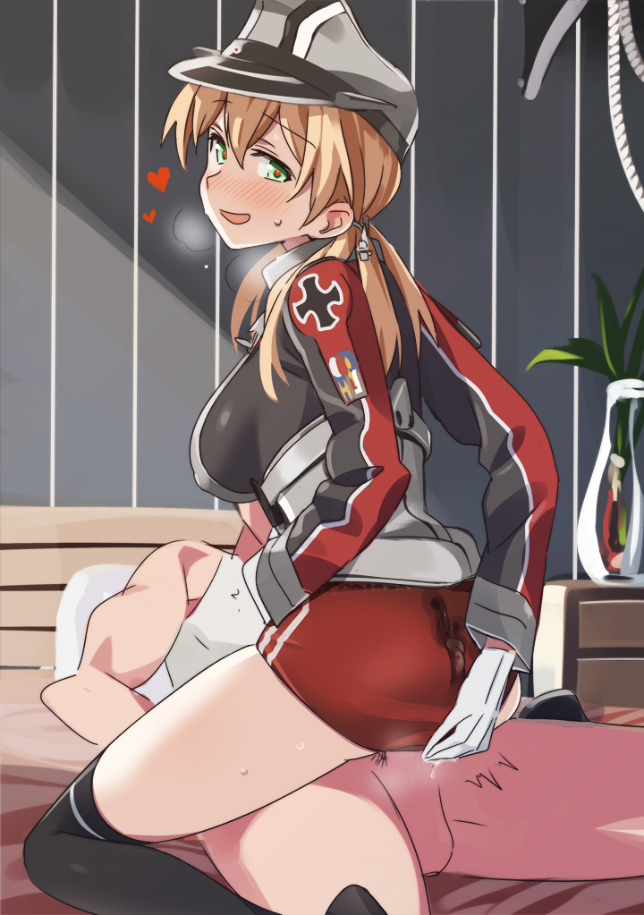 1girl anchor_hair_ornament black_legwear blonde_hair blush breasts breath buruma buttjob clothed_female_nude_male cum cum_in_clothes cum_on_ass femdom gloves green_eyes hair_ornament hat heart heart-shaped_pupils hetero kantai_collection long_hair looking_at_viewer looking_back military military_uniform ningen_(ningen96) open_mouth peaked_cap prinz_eugen_(kantai_collection) sex smile solo_focus straddling symbol-shaped_pupils thighhighs twintails underwear uniform white_gloves