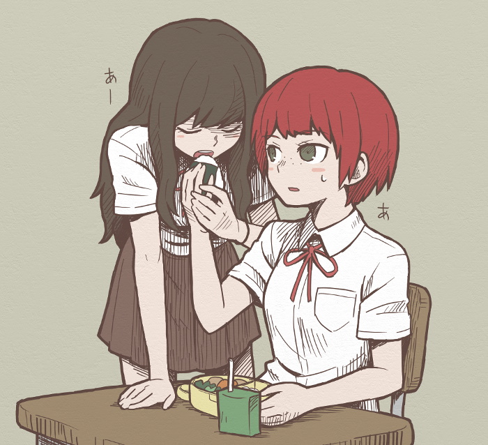 black_hair blush_stickers closed_eyes danganronpa eating freckles green_eyes kibougamine_gakuen_school_uniform koizumi_mahiru long_hair multiple_girls namu_(nurui_cha) obentou red_hair satou_(danganronpa) school_uniform short_hair sitting super_danganronpa_2 sweatdrop