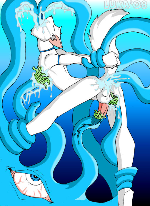 2008 anthro anus athletic backsack balls blue_background butt canine collar double_oral erection eyes_closed fellation humanoid_penis inner_ear_fluff luka_(artist) male male/male mammal nude oral penis perineum pink_penis simple_background tentacles wolf