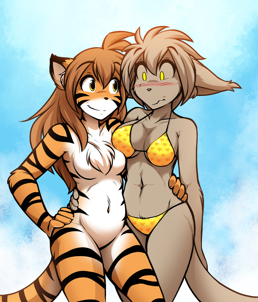 amber_eyes anthro basitin big_breasts bikini bikini_top blush breast_size_difference breast_squish breasts brown_hair casual_nudity chest_tuft cleavage clothed clothing crossgender duo ears_back featureless_breasts feline female flora_(twokinds) fur gradient_background grey_fur hair keidran keith_keiser long_hair mammal midriff multicolored_fur navel nude orange_fur simple_background smile striped_fur stripes swimsuit tan_fur tiger tom_fischbach tuft twokinds webcomic white_fur yellow_eyes