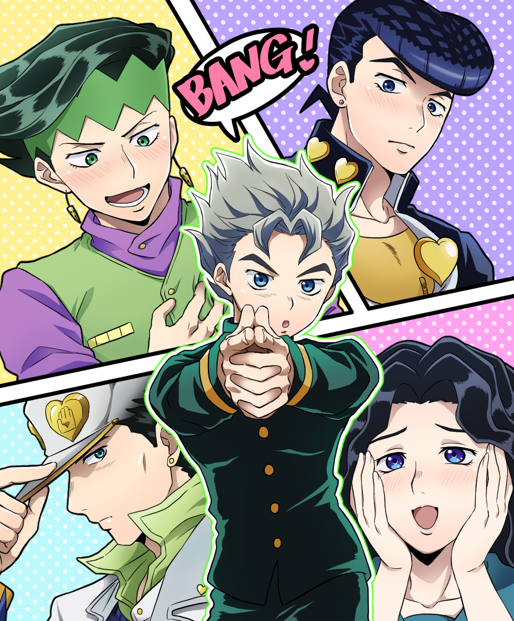 4boys adjusting_clothes adjusting_hat black_hair blue_eyes blue_hair blush earrings finger_gun gakuran green_eyes green_hair grey_hair hands_on_own_cheeks hands_on_own_face hands_together hat headband heart higashikata_jousuke highres hirose_kouichi interlocked_fingers itsuho_(panel11) jewelry jojo_no_kimyou_na_bouken kishibe_rohan kuujou_joutarou multiple_boys open_mouth polka_dot polka_dot_background pompadour school_uniform smile stud_earrings yamagishi_yukako zipper