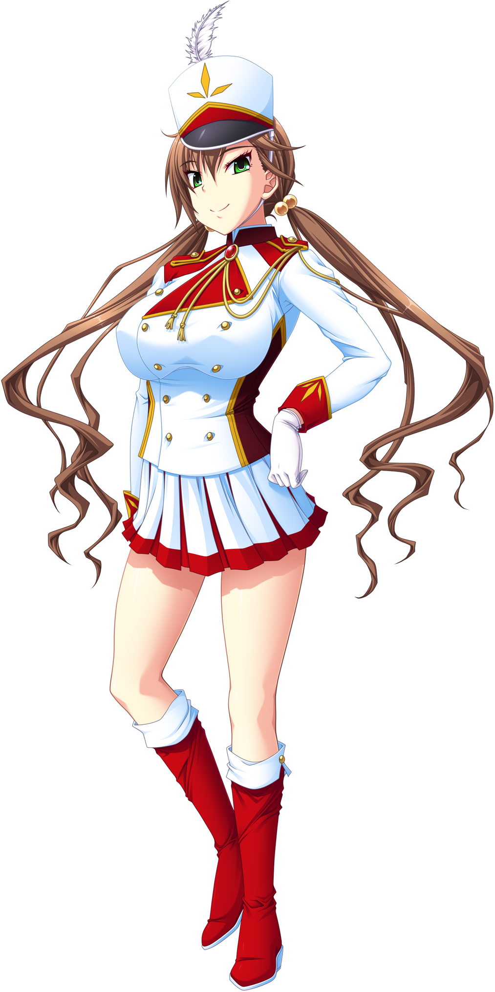 band_uniform blazer boots brown_hair buttons eyebrows_visible_through_hair full_body gloves green_eyes hair_bobbles hair_ornament hand_on_hip hat highres jacket kaneshiro_wataru knee_boots long_hair long_sleeves looking_at_viewer miniskirt oppai_gakuen_marching_band_bu! pleated_skirt red_footwear skirt sleeve_cuffs smile solo standing transparent_background twintails uniform white_gloves