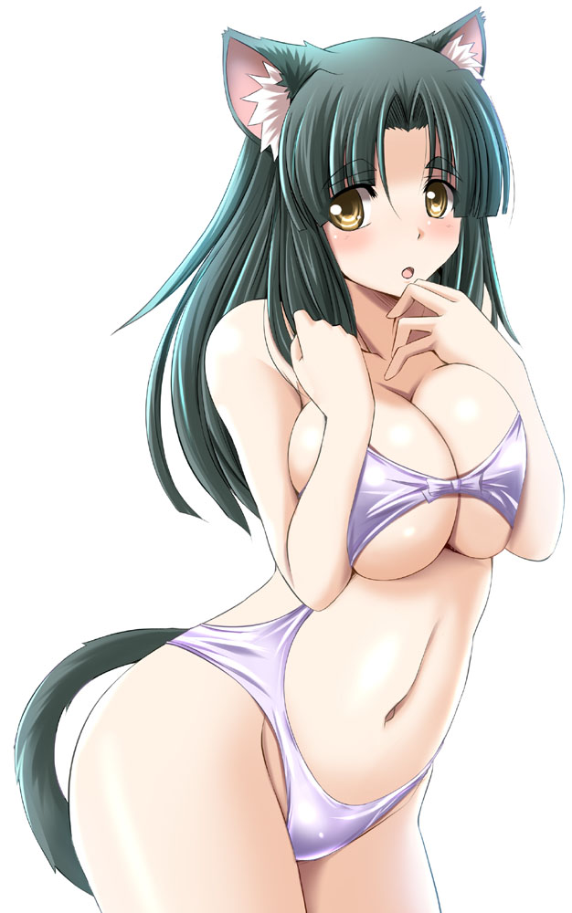 animal_ears black_hair breasts casual_one-piece_swimsuit cat_ears cat_tail cleavage large_breasts long_hair milk_(tonpuu) navel navel_cutout one-piece_swimsuit original solo swimsuit tail tonpuu yellow_eyes