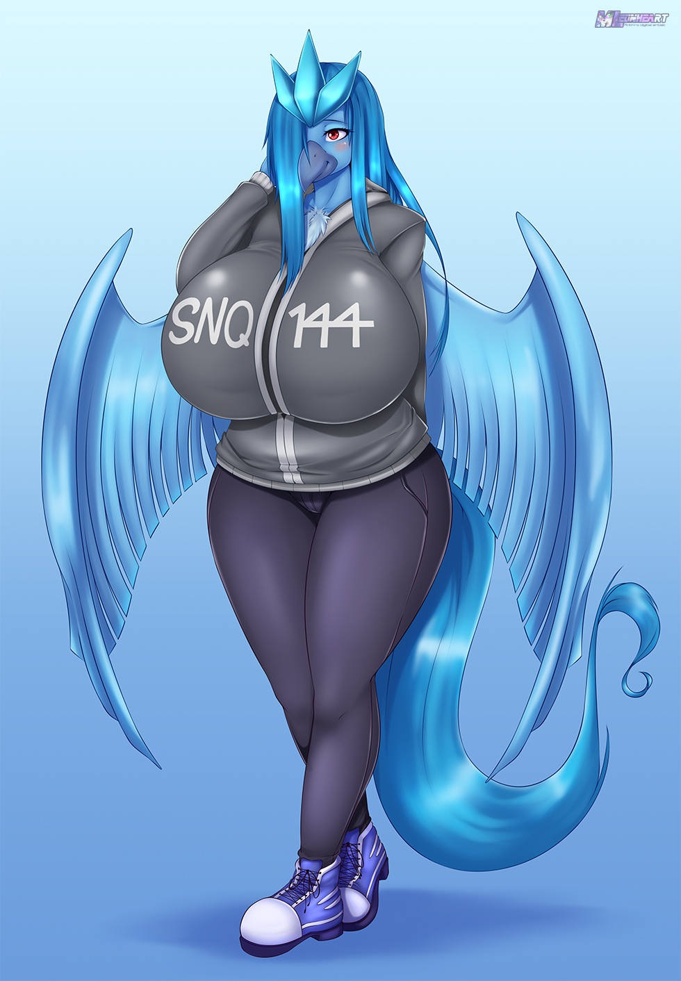 2016 anthro anthrofied articuno beak big_breasts blue_feathers blue_hair blush breasts clothed clothing feathered_wings feathers female footwear gradient_background hair hair_over_eye hi_res huge_breasts legendary_pok&eacute;mon long_hair mleonheart nintendo pok&eacute;mon pok&eacute;morph red_eyes shoes simple_background smile solo video_games wings