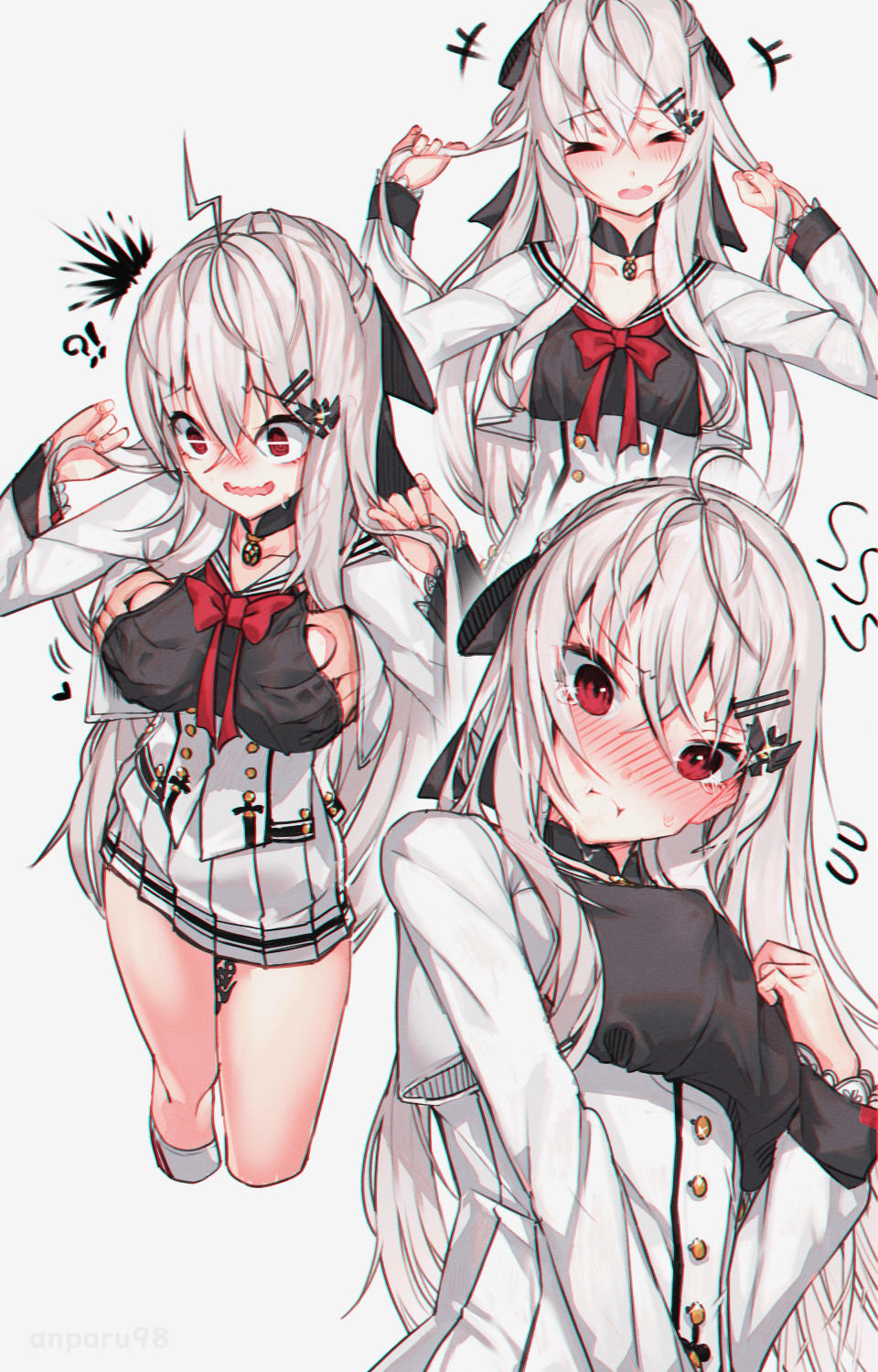 !? 1girl :d :i @_@ ^_^ ahoge anparu bangs black_choker black_ribbon blush breast_grab breasts choker closed_eyes collarbone commentary_request cropped_jacket cropped_legs disembodied_limb double-breasted embarrassed eyebrows_visible_through_hair eyes_closed flying_sweatdrops furrowed_eyebrows girls_frontline glint grabbing grabbing_from_behind hair_between_eyes hair_ornament hair_ribbon hairclip hands_up head_tilt highres holding holding_hair iws-2000_(girls_frontline) jacket kneehighs long_hair long_sleeves miniskirt multiple_views neck_ribbon nose_blush open_mouth pleated_skirt red_eyes red_neckwear ribbon sailor_collar sideboob sidelocks silver_hair simple_background single_kneehigh skirt small_breasts smile tattoo tearing_up thighs underbust upper_teeth wavy_mouth white_background white_jacket white_legwear white_sailor_collar white_skirt